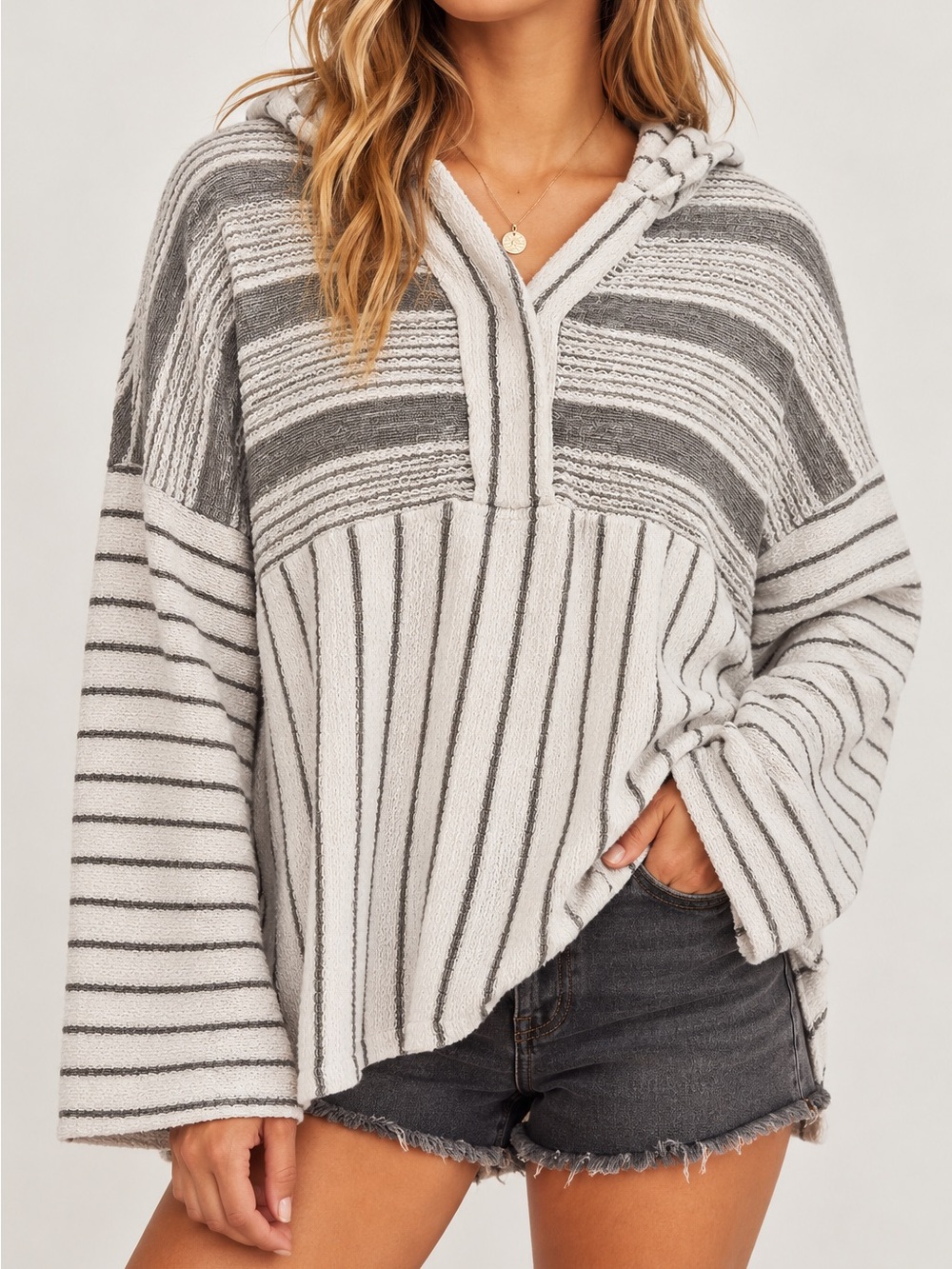 Umgee USA 1XL Hooded Striped Pullover Oversized Textured Boho Top